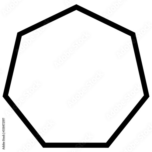 Simple monochrome vector graphic of a heptagon. A seven sided polygon having each side equal and all seven corners measuring an angle of one hundred and twenty eight point five seven degrees