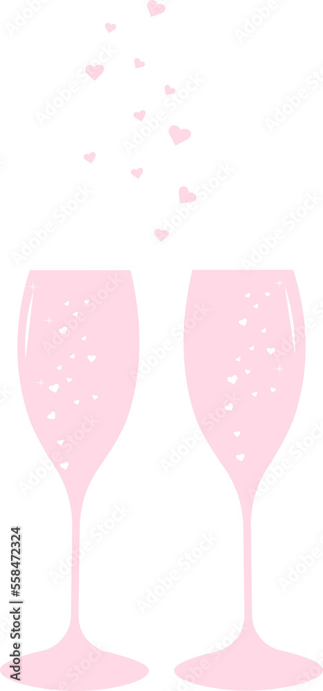 Two pink champagne glasses with hearts and splashes.