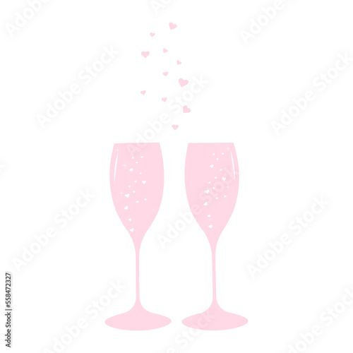 Two pink champagne glasses with hearts and splashes.