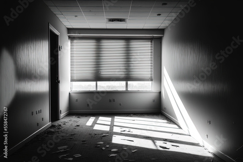 A colorless, empty room with spectacular window illumination, blinds, rubbish on the floor, and no humans is seen. Generative AI
