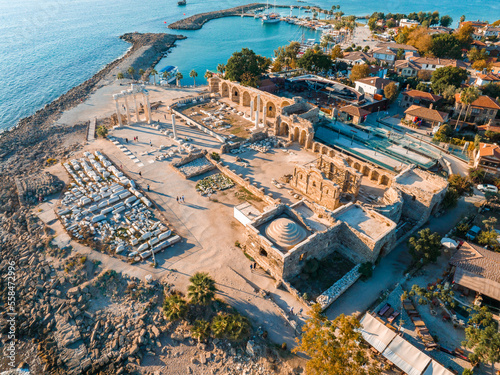 Aerial view of Side. It is small resort town in Turkey. Ancient Side town, Antalya Province, Turkey