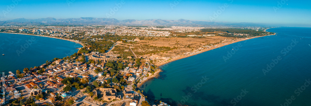 Aerial view of Side. It is small resort town in Turkey. Ancient Side town, Antalya Province, Turkey