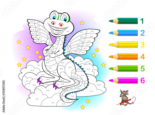 Math education for children. Coloring book. Mathematical exercises on addition and subtraction. Solve examples and paint dragon. Developing counting skills. Printable worksheet for kids textbook.