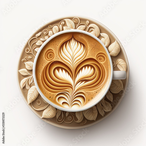 Top view of hot coffee latte art foam set isolated on white background