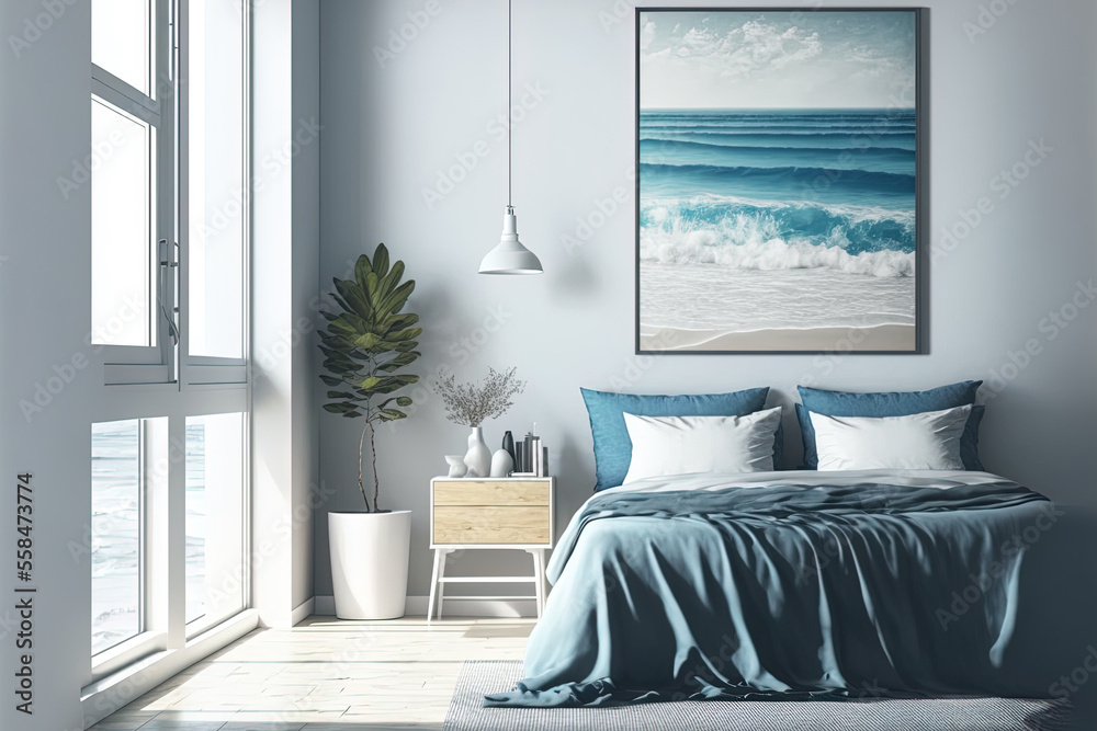 Blue toned bedroom in a holiday rental. Generative AI Stock ...