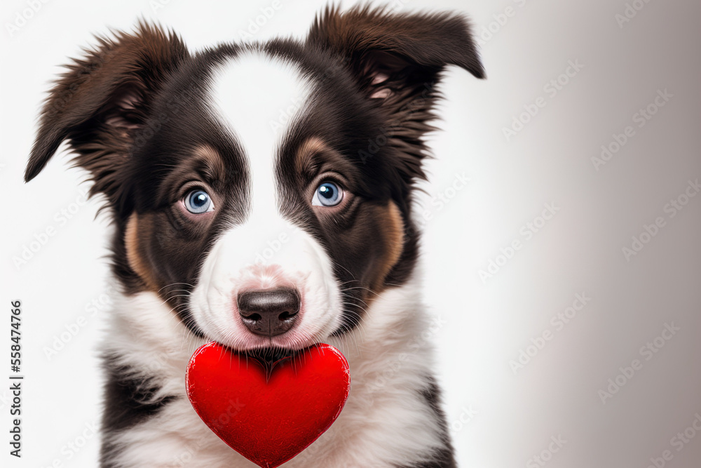 Concept for Saint Valentine's Day. Border collie puppy clutching red heart in mouth in humorous photo close up on white background. On Valentine's Day, a kind dog presents a gift. Generative AI