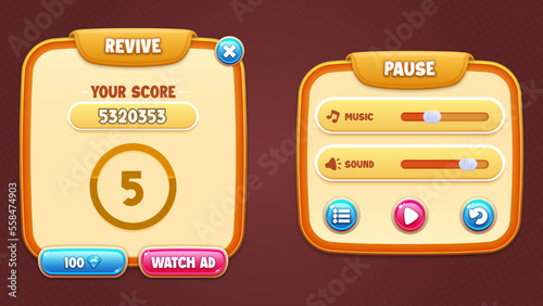Game UI vector set - revive and pause popups and buttons with editable text effects for building 2d games on mobile and web. This all-inclusive graphical user interface GUI set is in a soft style.