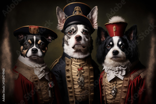 Portrait of a dogs wearing historic military uniform. Pet portrait in clothing. Generative ai