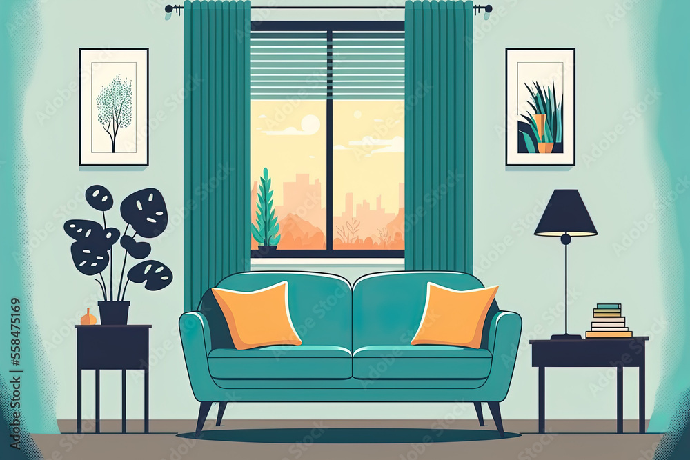 Interior of a living room with a window in a flat design. text based ...