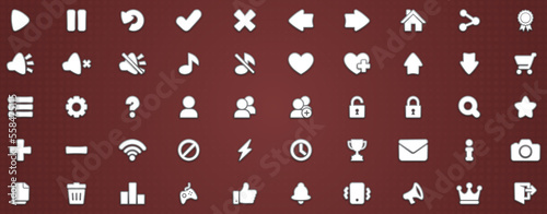 50 disabled icons vector set play settings pause cancel menu retry sound music shop next back leaderboard heart down unlock badge mail notification close exit for building 2d games on mobile and web.