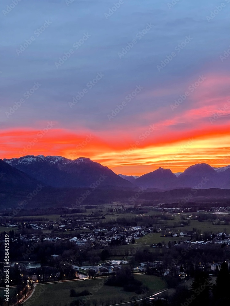 beautiful sunset sky on the background of the horizon with a view of the mountains