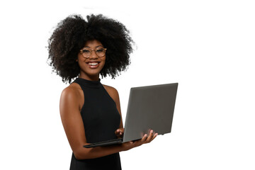 woman holding laptop computer typing on keyboard looking at camera, black woman