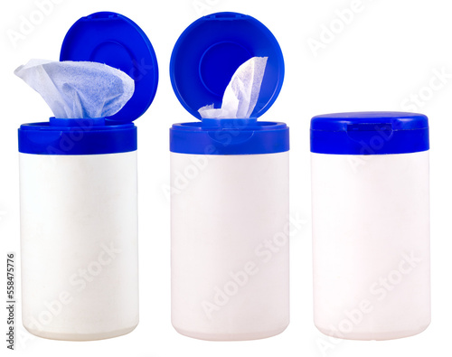 A container with disinfectant wipes on an isolated background.
