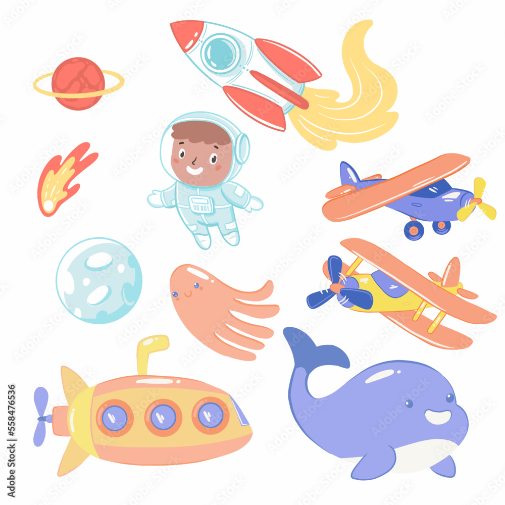 Set of hand drawn vector illustrations with boy’s toys theme
Set of hand drawn vector illustrations with boy’s toys theme