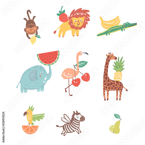 Safari animals with fruits, set of hand drawn vector illustrations 
