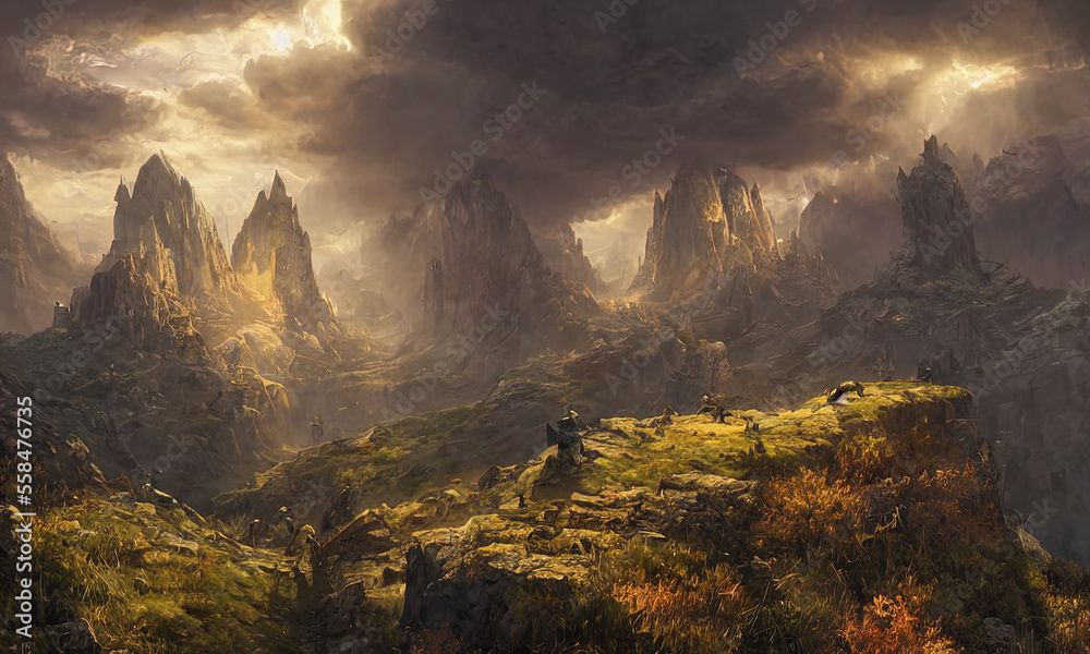 Fototapeta premium fantasy rocky mountain scenery with cloudy sky