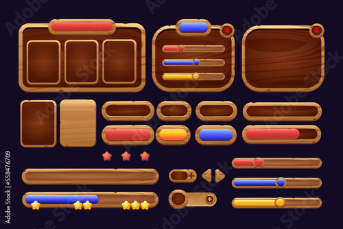 Game buttons of wooden and gold texture cartoon menu interface elements