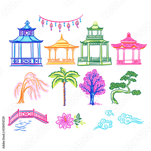 A set with pagodas and trees. Sketch hand drawn illustrations with chinoiserie theme
