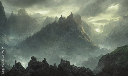 fantasy rocky mountain scenery with cloudy sky © lndstock