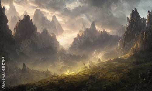 fantasy rocky mountain scenery with cloudy sky