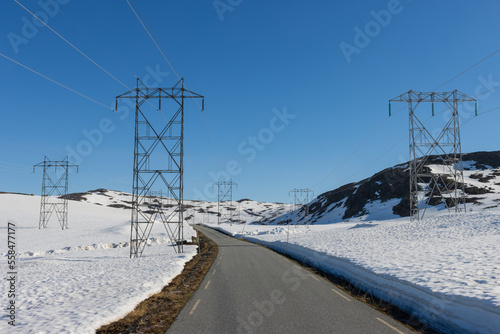 Strommasten auf der Passstraße Tindevegen, Vestland, Årdal,, Norwegen. photo