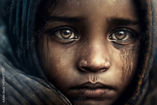 A renewed sense of hope for humanity. Young girl, with tears tracks burnt in to her skin. Generative AI, this image is not based on any original image, character or person. 