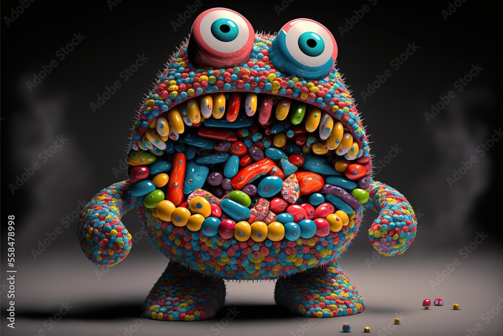 Monster made of candy, concept of sugar consumption, created with Generative AI technology