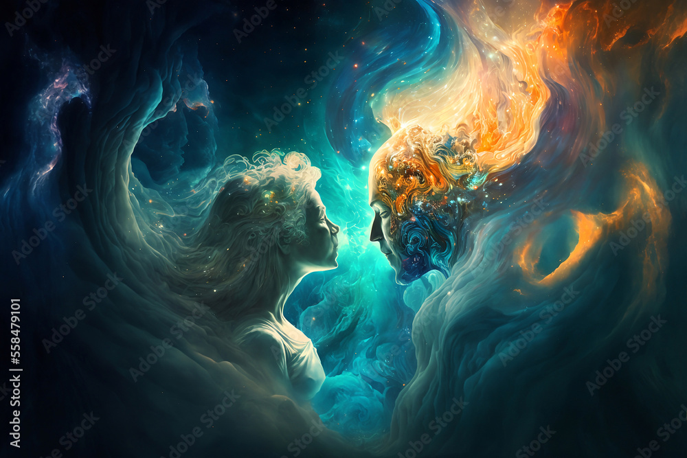 Soulmates encountering each other in a quantum 
 time. Generative AI, this image is not based on any original image, character or person.	 - obrazy, fototapety, plakaty 