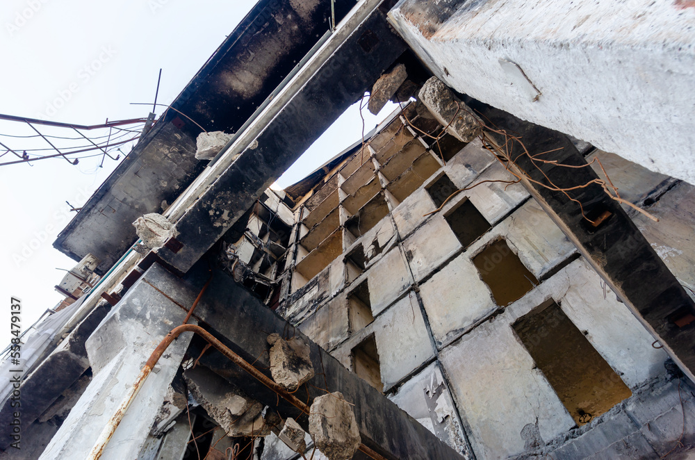 destroyed and burned houses in the city Russia Ukraine war