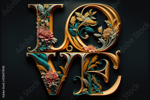 ai midjourney generative illustration of the word love with ornamented capital letters