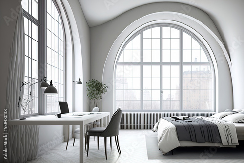 Luxury minimalist interior design with arched pathways  concrete tile flooring  and light gray fabric in the bedroom of an apartment with huge windows. Generative AI