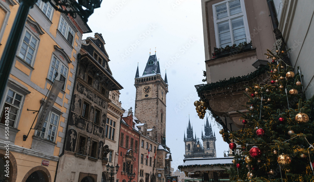 Beautiful Prague with Christmas decoration with Old Town Square in the background.