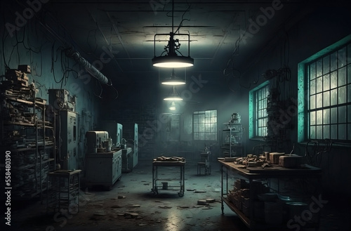 Fotografia Dim light shining in a ghostly old hospital interior room with operating table