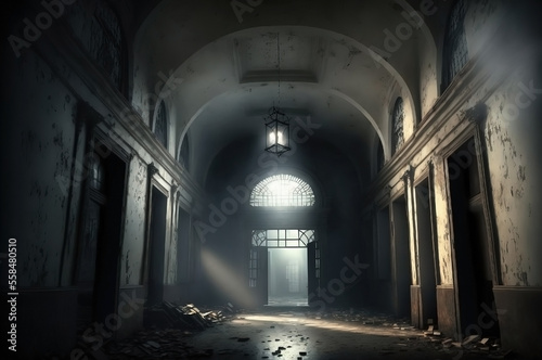 Old abandoned mansion interior. Horror spooky asylum. Hallway with several doors on both sides.