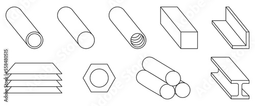 Metal products icons set. Fabrication of metal raw materials, parts, linear icon collection. Vector illustration