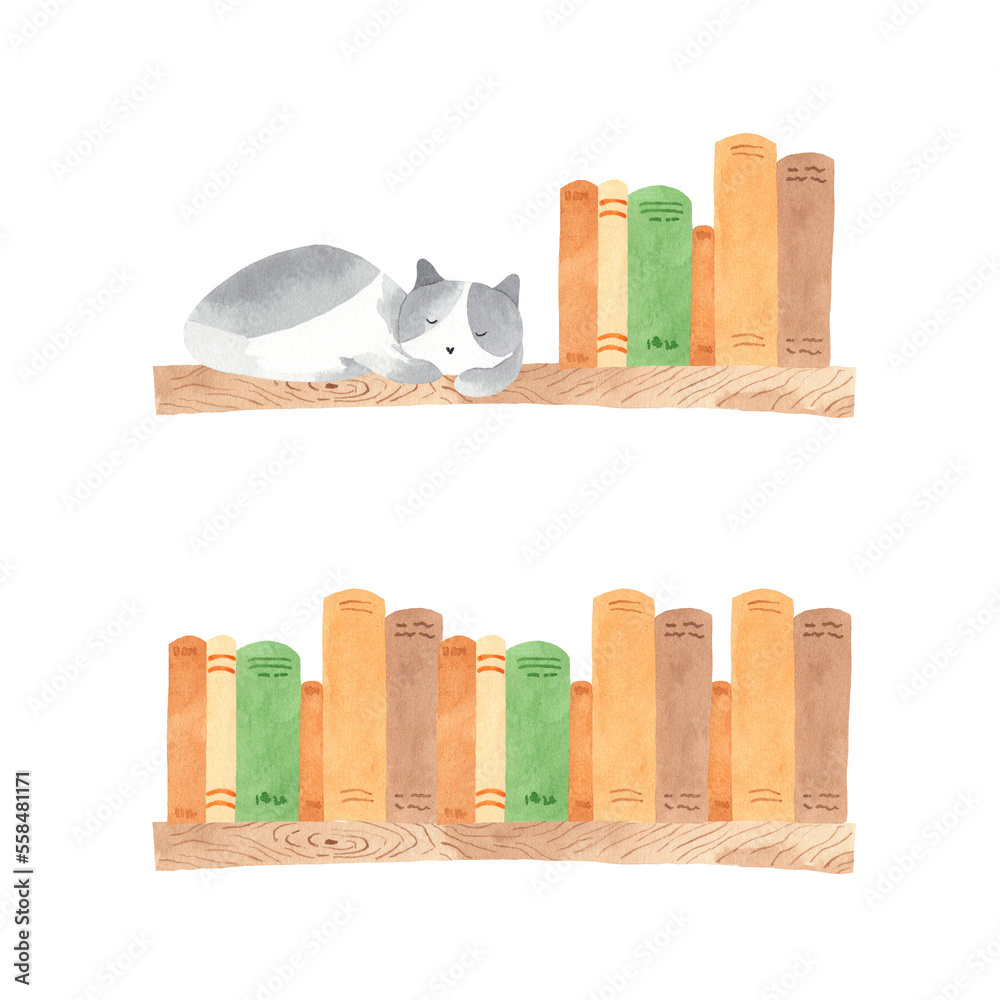 Sleeping cat on wooden book shelf - watercolor illustration of black ...