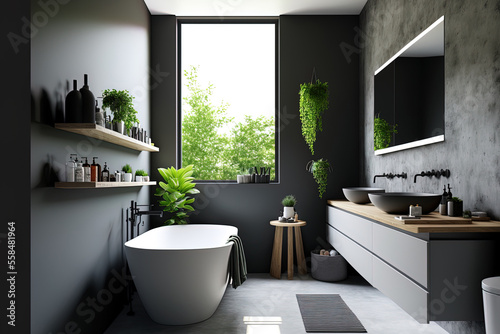 Bathroom corner with a tub and a makeup shelf has a black and wooden wall. A gray wall beside a double sink. An idea for a contemporary home plan. Generative AI