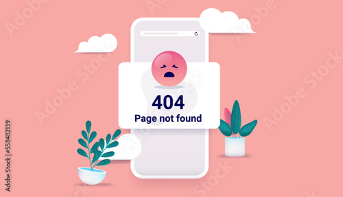404 page not found - Mobile phone screen with web error message and angry smiley face. Vector illustration