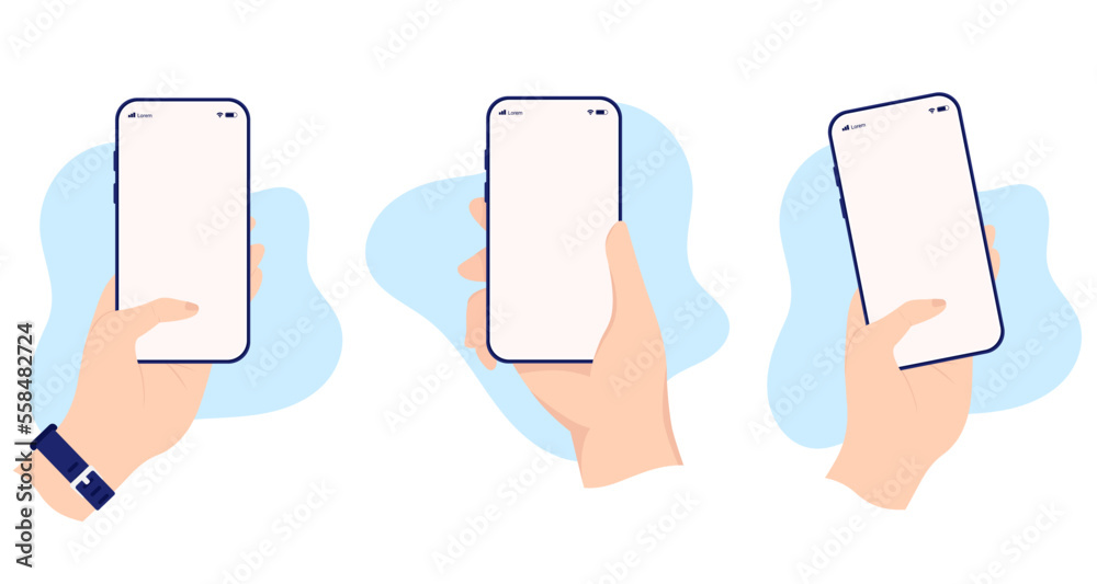 Mobile phone in hand collection - Set of vector mockup illustrations of human hands holding smartphone with blank screen on white background