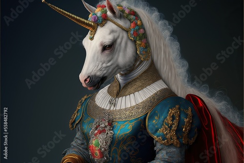 Created with Generative AI technology. portrait of a Unicorn in renaissance clothing © koldunova_anna
