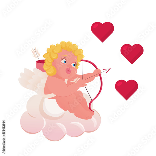 Cute baby cupid with bow, heart hunters romantic vector character isolated on white background. Amur little angels or god eros. Flat Vector illustration for Valentine day card, love flyer