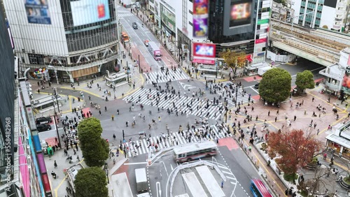 Time lapse of car traffic transportation, crowded people walk cross road at Shibuya scramble crossing. Tokyo tourist attraction landmark, Japan tourism, Asia transport or Asian city life concept photo