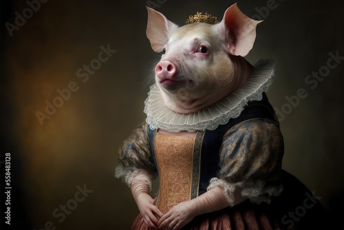 Created with Generative AI technology. portrait of a pig in renaissance clothing