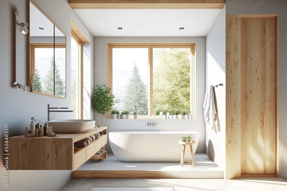 Bathroom of a luxury contemporary house with light colored wall and window, wooden furniture, sink with mirror, and bathtub,. Generative AI Bathroom of a luxury contemporary house with light colored wall and window, wooden furniture, sink with mirror, and bathtub,. Generative AI