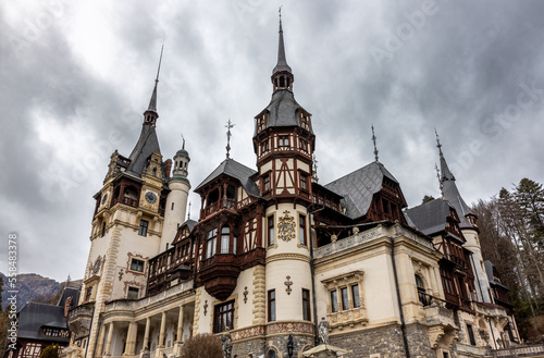 Peles castle at cloudy day. Sinaia city, Romania.