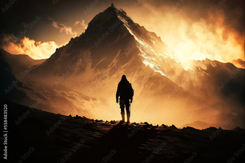 Silhouette of a hiker standing in front of a gigantic mountain. Designed using Generative AI. 