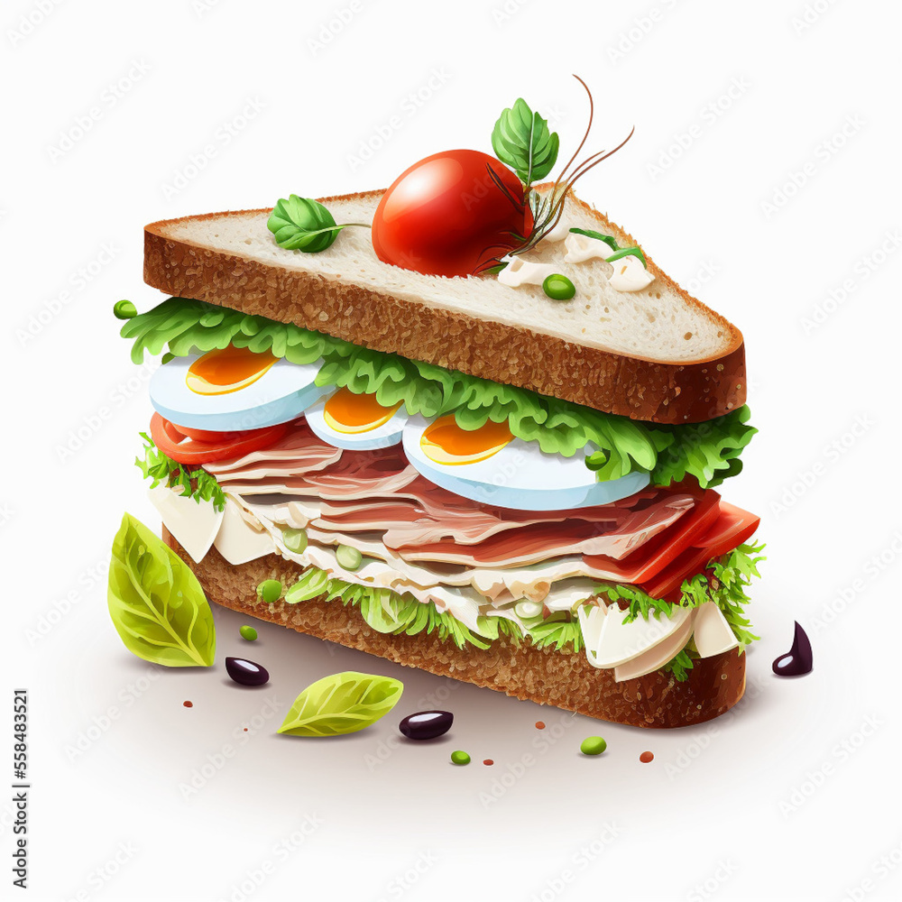 Vegetable sandwich with egg, ham, cheese and lettuce. Generative AI.
