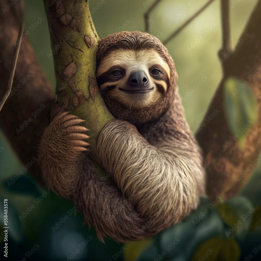 Fototapeta premium Sloth up in a tree. Generative AI.