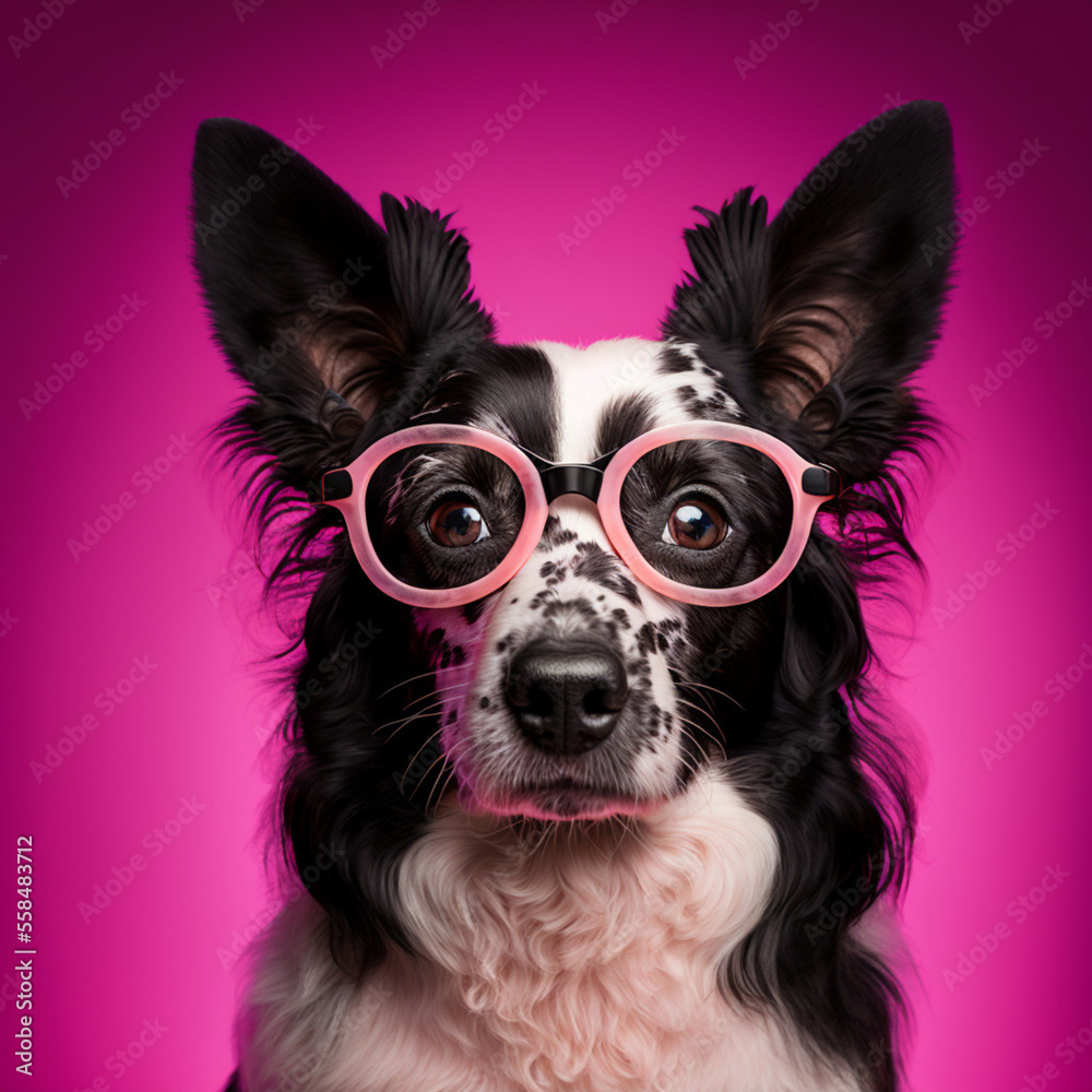 Dog with glasses on a pink background. Generative AI.