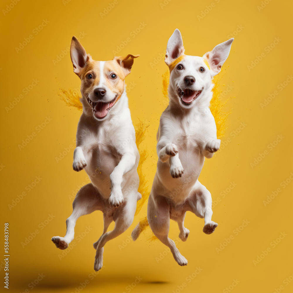 Jumping dogs on a yellow background. Generative AI.